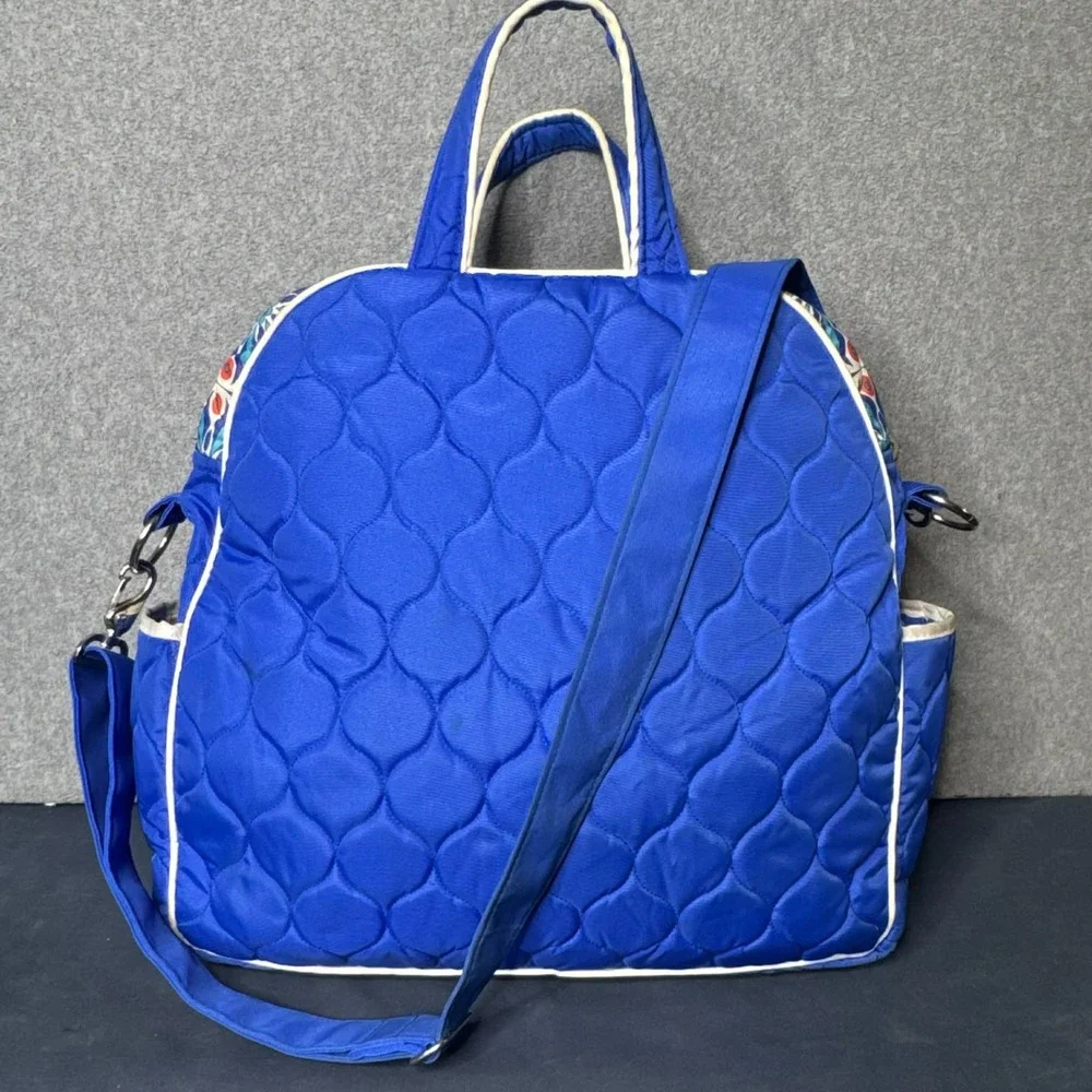 Cinda B Bag Quilted Hobo Tennis Tote Blue Floral Quilted Shoulder Strap Full Zip